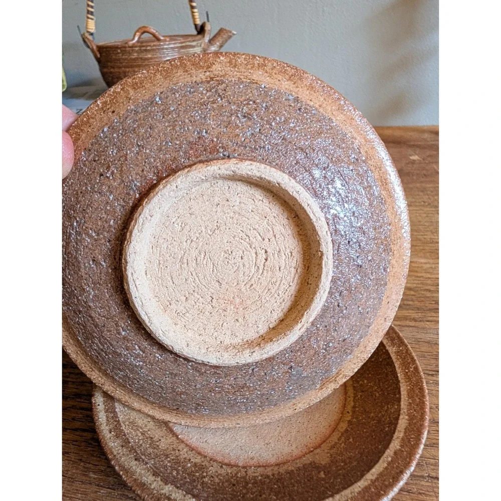 Vintage Japanese Studio Pottery Tea Set Woven Handle Stoneware Brown 5 Piece